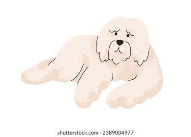 Cute shaggy dog of South Russian shepherd breed. Fuzzy fluffy doggy, canine animal. Guardian sheepdog with soft furry hair. Puppy lying, relaxing. Flat vector illustration isolated on white background