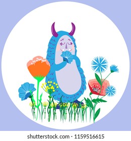 Cute shaggy furry funny monster with flower in paw, Doodle cartoon character for design, vector illustration