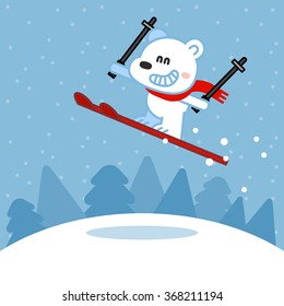 Cute shaggy polar bear skiing