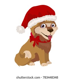 Cute shaggy puppy in Santa hat and red bow