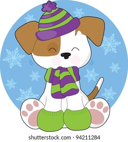 A cute, shaking puppy wearing a toque, scarf and mitts, sits in front of a circular blue background filled with snowflakes.