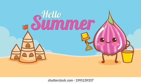 cute shallot holding sand shovel with a summer greeting banner.