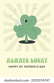 Cute shamrock character in retro 60s, 70s style. St. Patrick's Day greeting card, groovy poster.