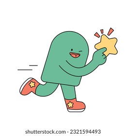 Cute shape character. A green figure is holding a star and running.