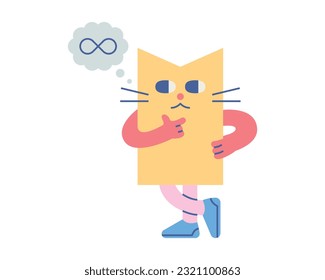 Cute shape characters. A cat-shaped figure is contemplating with one hand on his waist and the other hand on his chin.