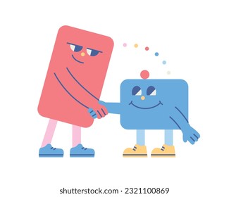 Cute shape characters. The long square and the small square are shaking hands.