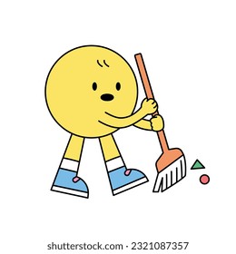 Caracteres de forma personalizados. El círculo amarillo está sosteniendo una escoba y limpiando.