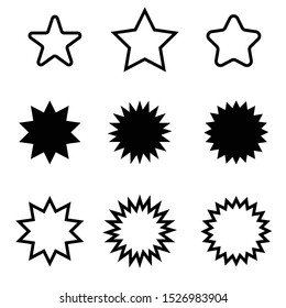 

Cute shape collection. Simple pictograms pack. Different stars black silhouettes, christmas sparkle geometric symbols and sheriff star 
