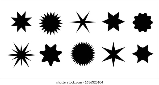 Cute shape collection. Simple pictograms pack. Different stars black silhouettes, christmas sparkle geometric symbols and sheriff star