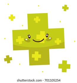 Cute shape, green cross, cartoon character, vector, isolated object on white background, children's illustration, card for mathematics.