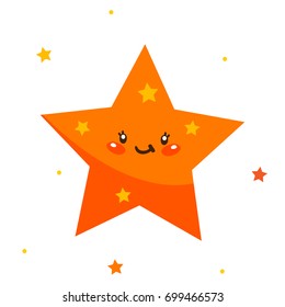 Cute shape, orange star, cartoon character, vector, isolated object on white background, children's illustration.