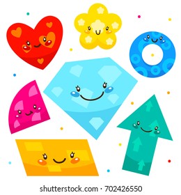 Cute shapes: arrow, diamond, flower, heart, parallelogram, quadrant, ring, cartoon characters, isolated objects on white background, set, collection, children’s illustration.