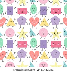 Lindas Formas personajes de estilo plano sin patrón. Corazón, estrella, polígono, círculo, triángulo y rectángulo Formas con ojos y Vector bucal patrón