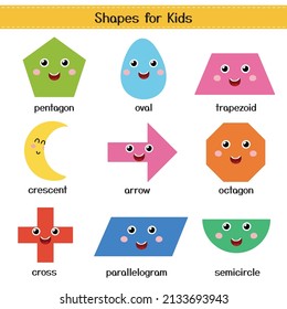 Caracteres de formas personalizadas para la colección de niños. Aprender formas geométricas básicas establecidas para preescolar. Óval, trapezoide, media luna, flecha, octógono, cruz, paralelogramo, semicírculo. Ilustración del vector 