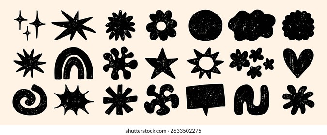 cute shapes and figures crayon texture set. Brutal contemporary retro star figures, flower, sun. Hand drawn primitive geometric elements. Vector illustration