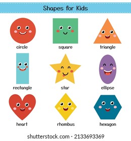 Cute shapes for kids poster. Learning basic geometric shapes with characters for preschool. Circle, square, triangle, rectangle, star, ellipse, heart, rhombus, hexagon. Vector illustration