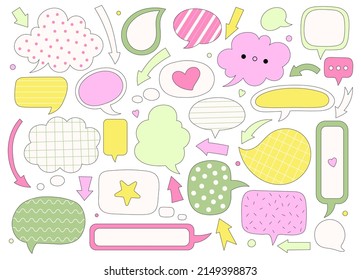 Formas, puntos, burbujas de voz, líneas, flechas. Conjunto vectorial de diseño de historietas de dibujos animados abstractos a mano de elementos kawaii coloridos para el diseño gráfico, notas para cuadernos, planificadores, estudios.
