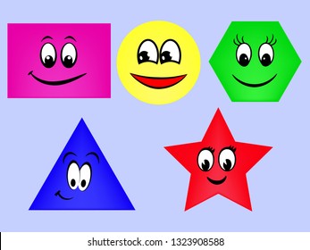 Cute shapes: square, circle, triangle, pentagon. Children’s illustration