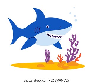 Cute Shark with algae and coral on seabed. Vector illustration. Kids collection in a flat style