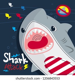 Cute shark attack on dark blue background illustration vector.