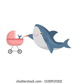 Cute shark with a baby shark in a pram. Vector illustration isolated on white background.