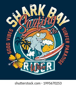 Cute Shark bay surfing company cartoon vector print for children wear grunge effect in separate layer