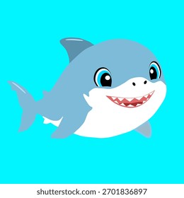 Cute shark with big eyes and sharp teeth smiling happily in blue water