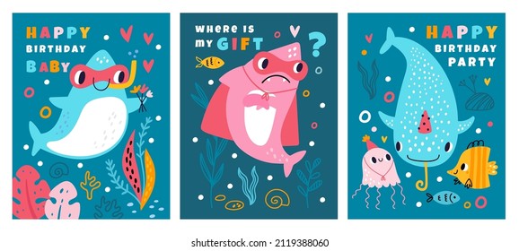 Cute shark birthday party greeting cards. Funny ocean creatures. Cartoon comic marine fish characters with holiday accessories. Aquatic underwater animals. Vector