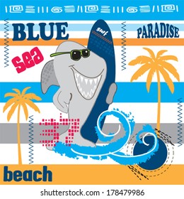 cute shark blue sea striped background vector illustration