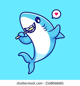 Cute Shark Brush Teeth Cartoon Vector Icon Illustration. Animal Healthcare Icon Concept Isolated Premium Vector. Flat Cartoon Style