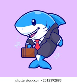 Homem de negócios de tubarão bonito segurando saco ilustração do ícone do vetor do desenho animado. Animal Business Icon Concept Isolado Premium Vetor. Estilo de Desenho Animado Plano