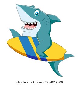 Cute shark cartoon carrying a surfboard. Cute animal illustration