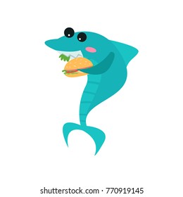 Cute shark cartoon character eating burger, funny blue fish vector Illustration