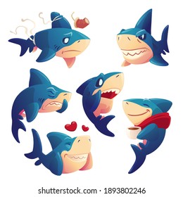 Cute shark cartoon character, funny fish mascot, underwater animal express emotions fall in love, smiling, suffer of plastic trash, drink tea, sneezing and yell. Toothy predator isolated vector set