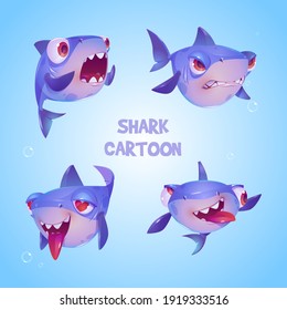 Cute shark cartoon character, funny fish mascot, underwater animal with kawaii muzzle express emotions fall in love, smiling, crazy, surprised and angry. Wild toothy predator, isolated vector set