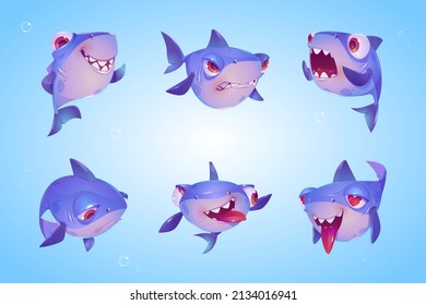 Cute shark cartoon character, funny fish mascot. Underwater animal with kawaii muzzle express emotions smiling, unhappy, confused, crazy, surprised and angry. Wild toothy predator, isolated vector set