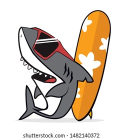 Cute Shark Cartoon Character with surfboard
