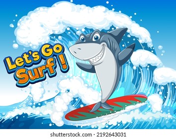 Cute shark cartoon character surfing ocean scene illustration