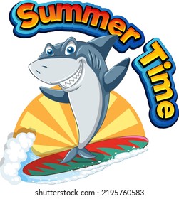 Cute shark cartoon character surfing illustration