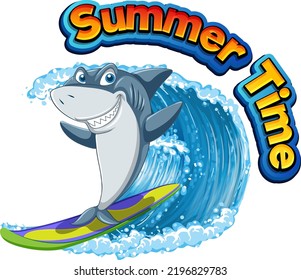 Cute shark cartoon character surfing ocean scene illustration