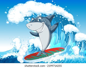 Cute shark cartoon character surfing in ocean illustration