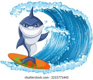 Cute shark cartoon character surfing illustration