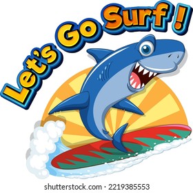 Cute shark cartoon character surfing illustration