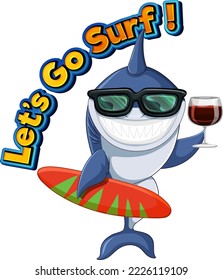 Cute shark cartoon character surfing illustration
