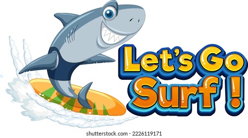 Cute shark cartoon character surfing illustration