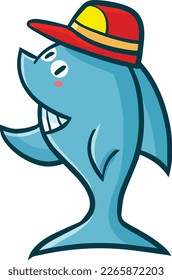 Cute shark cartoon character wearing hat. Funny shark illustration.