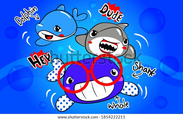 Cute  shark cartoon\
on blue   background