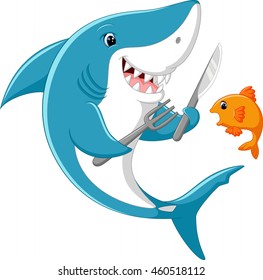 Cute Shark Cartoon Ready To Eat Little Fish