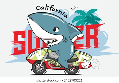 Cute shark cartoon riding a motorcycle with a surfboard on the road isolated on white background illustration vector.