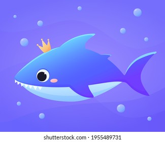 Cute-Hai im Cartoon-Stil. Vektorgrafik von Meerestieren. Illustration für Kinder. Hai mit Krone
